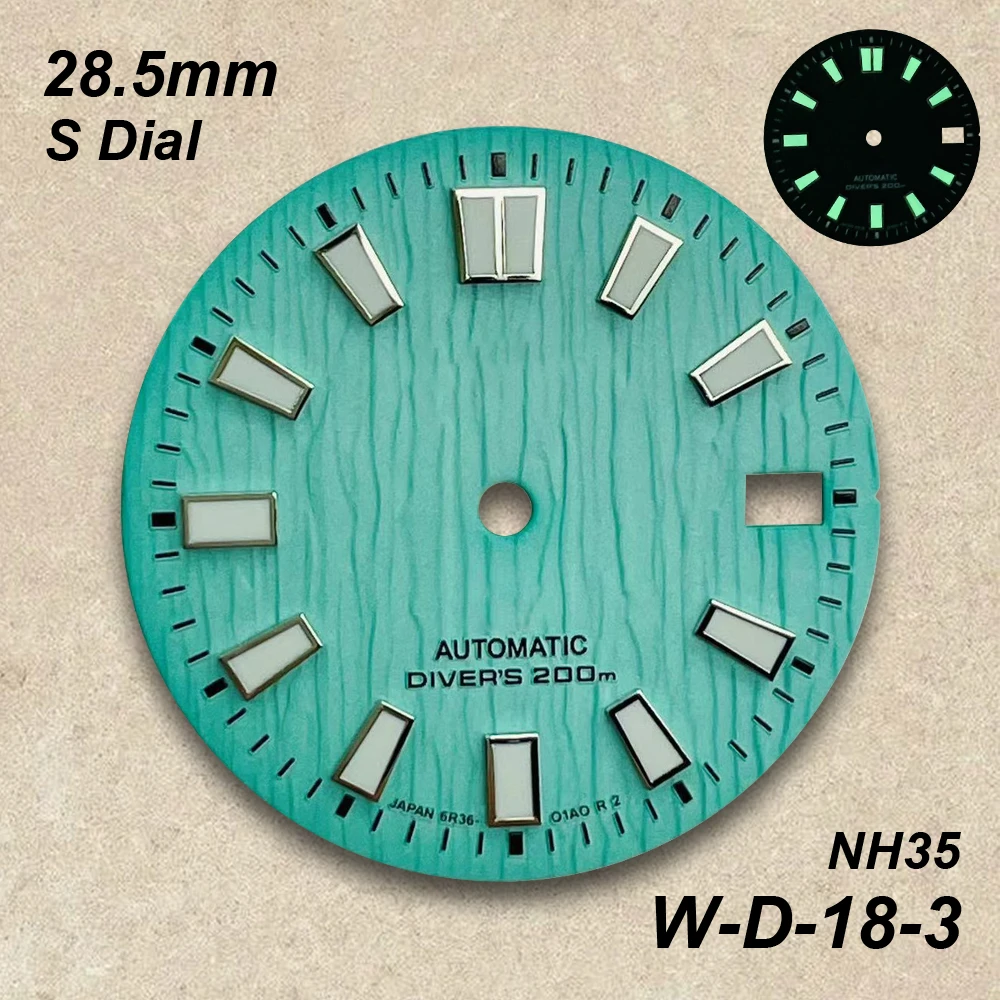 28.5mm Glacier S Dial For NH35/36 Automatic Movement C3 Green Luminous High-Quality Tbark Exture Watch Modification Accessories
