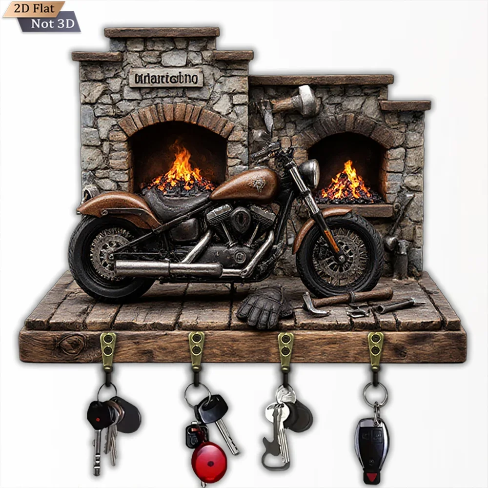 2D Flat, 1pc, Vintage Motorcycle Key Hook, Wooden Multifunctional Home Key Hook, with Four Metal Hooks, Wall Decoration, Porch