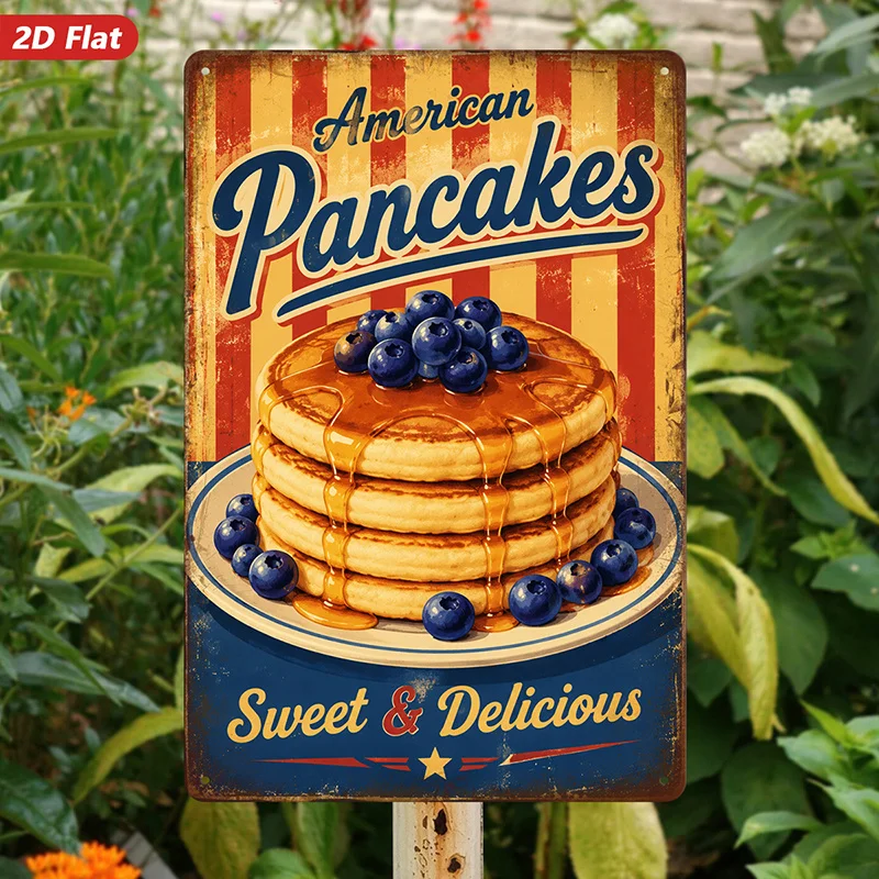American Pancakes Metal Tin Sign Vintage Sweet Breakfast Food Wall Decor Plaque for Kitchen Dining Room Home 1PC