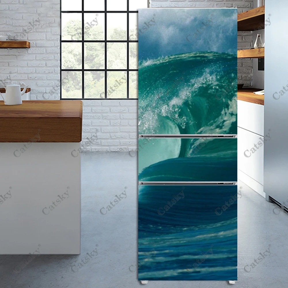 Surging Green Waves Refrigerator Door Mural Sticker Waterproof PVC Kitchen Closet Fridge Door Wallpaper Stickers Decoration