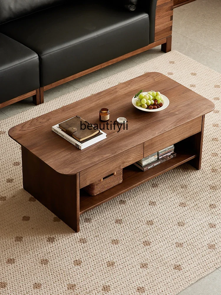 North America Black Walnut Wooden Tea Table Nordic Simple Double Layer Tea Table Home Living Room Rectangular Storage Low Table