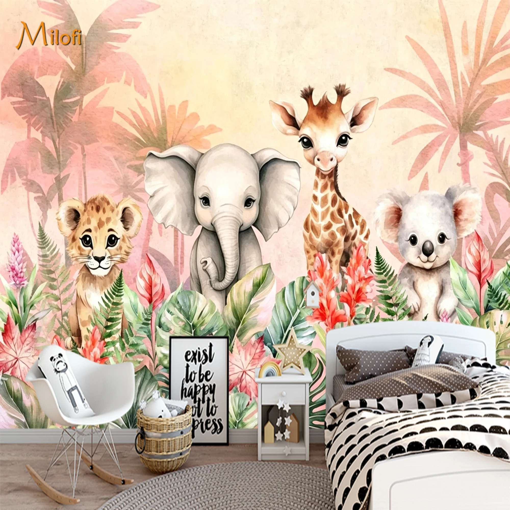 Custom Mural Wallpaper Watercolor Jungle Animals Wall Mural, Giraffe Monkey Lion Tropical Leaf Wall Decor for Kids Nursery