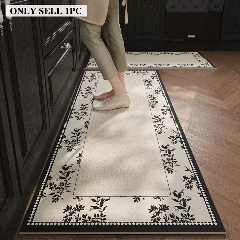 

Kitchen Floor Mat Waterproof PVC Oil-proof Non-slip Leather Mats Floral Carpet Long Size Rug French Style Home Decoration Rugs