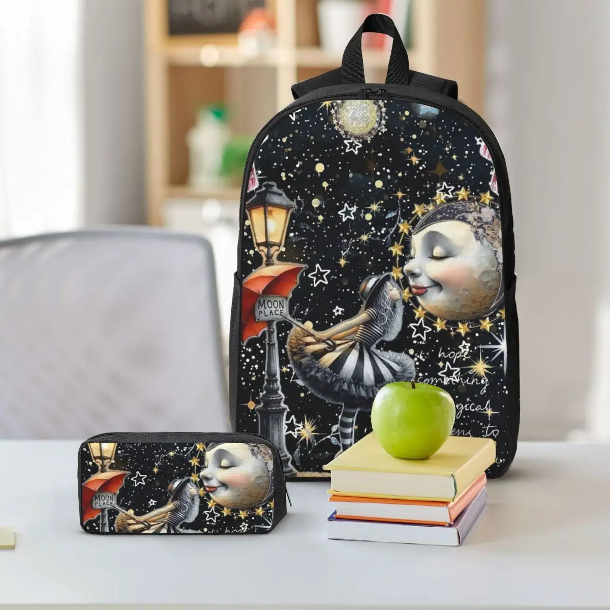 Gothic Girl Kiss Smiling Moon Design Backpack Student BookBag School Bag Shoulder Bags 3ps Insulated Lunch Bag Pencil Case
