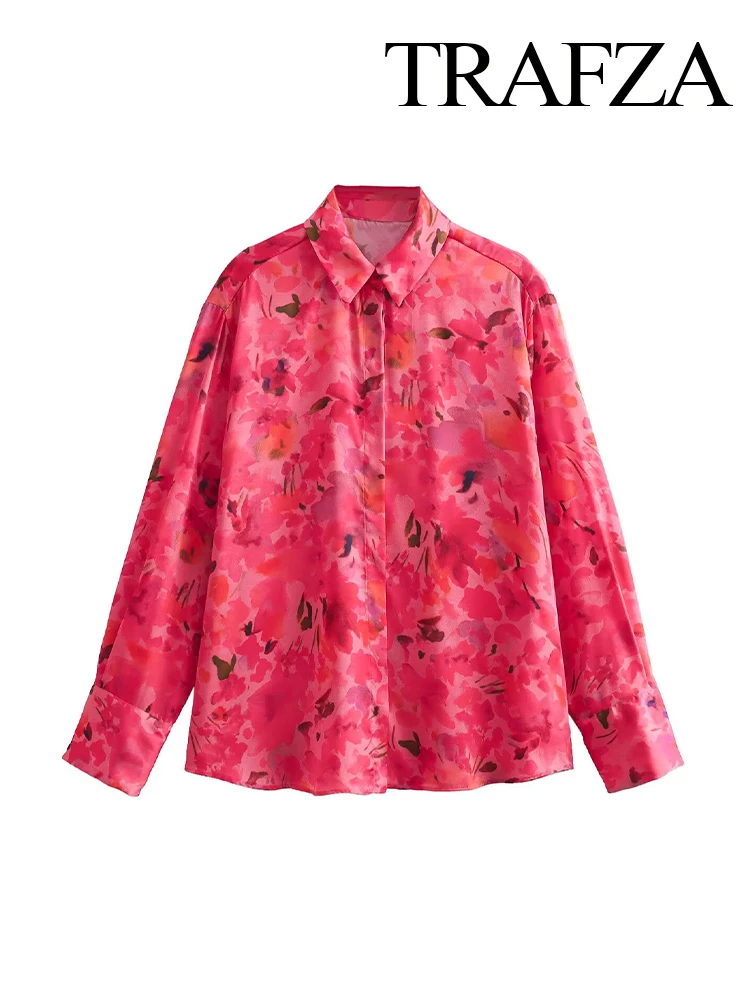 TRAFZA-Camisa solta de lapela de peito único feminina, manga comprida, blusa cetim, blusa casual, decoração estampada, elegante, chique