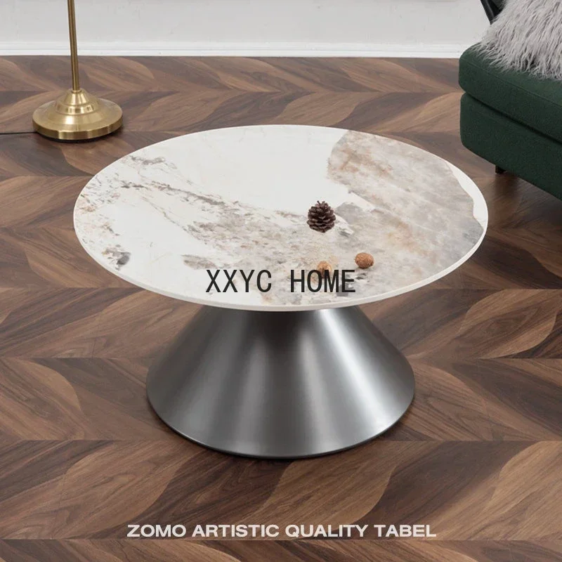 Mesa de centro con placa de piedra de lujo ligera, combinación redonda Pandora, mesa de centro cónica para sala de estar con reloj de arena