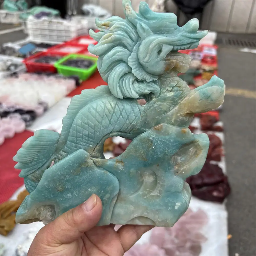 Chinese Dragon Carving Natural Amazonite Reiki Healing Stone Fengshui Decorative Piece for Holiday Crafts And Gift Ideas