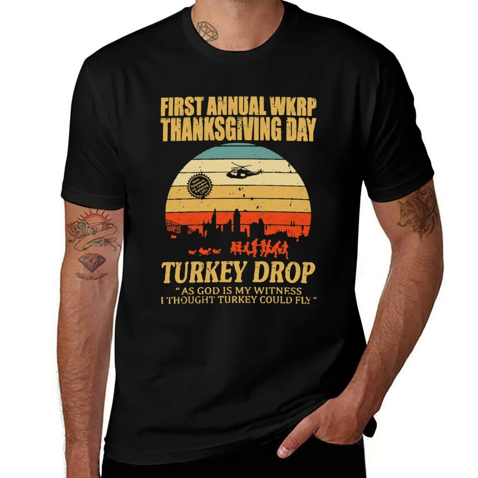 

First anuual WKRP Turkey Drop with Les Nessman Distressed T-Shirt man graphic t shirt mens graphic t shirts T-Shirt