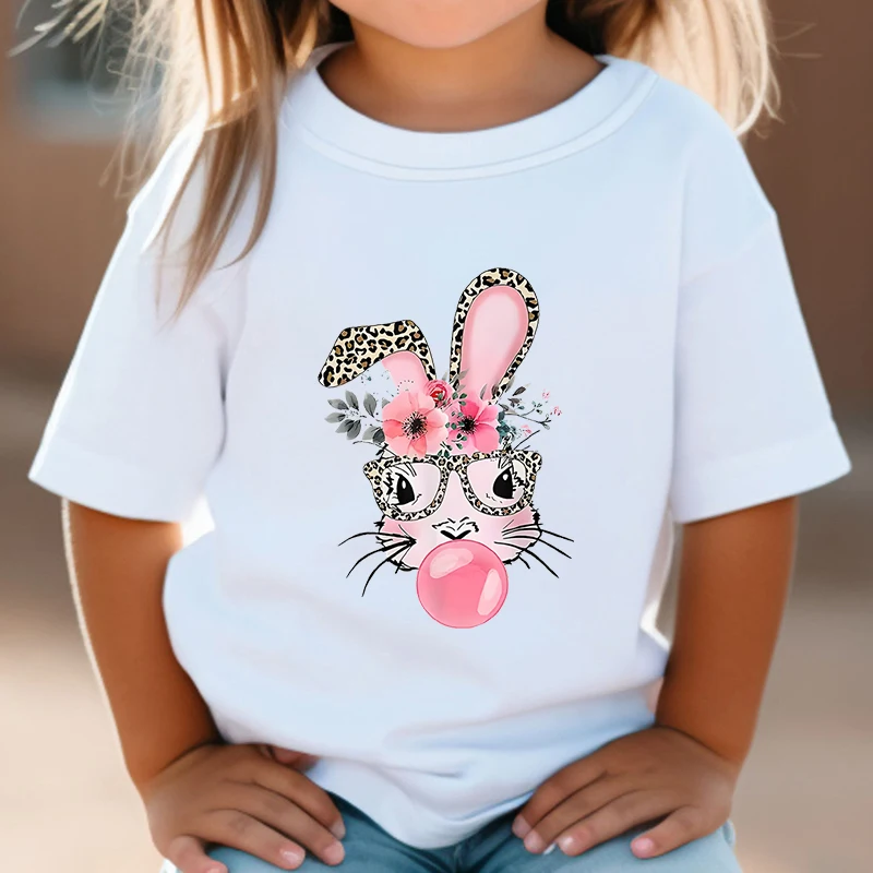 3-14 Years Boys Girls Bad Bunny T-shirts Cartoon Bubble Sugar Rabbit Fashion Kids Tshirts Harajuku Leopard Print Bunny Tops Tees