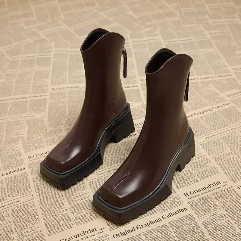 Women's Shoes on Sale 2024 High Quality Zipper Women's Boots Winter Square Toe Solid Short Barrel Chunky Heels Fashion Boots - Image 2