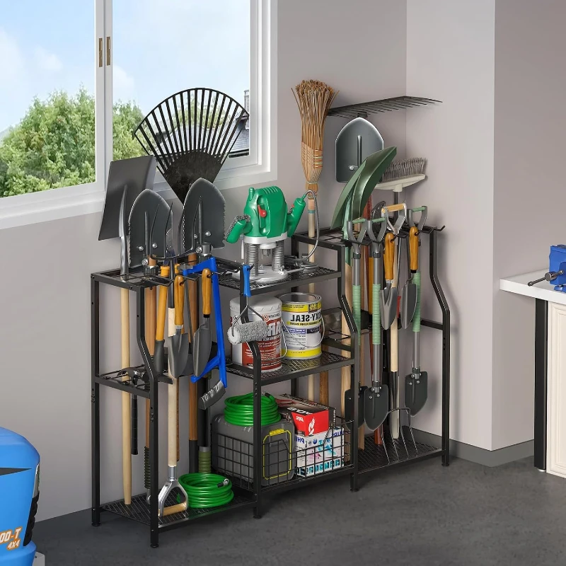Bilateral Garden Tool Rack Gardening Cleaning Supplies Storage Rack Garage Yard Large Capacity Long Handle Tool Rack