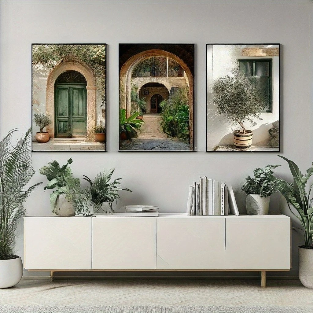 3PCS Mediterranean Old Town Architecture Canvas Wall Art, Vintage Tuscan Courtyard Olive Plant Print Home Living Room Decor
