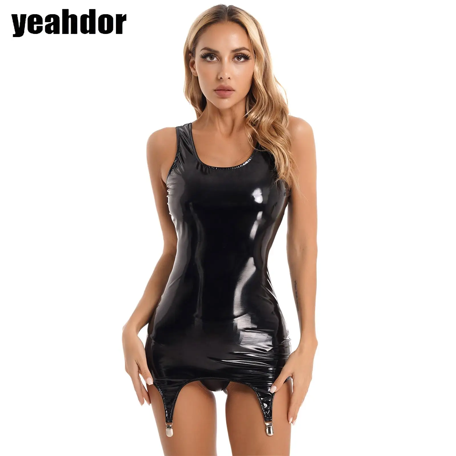

Women Latex Garter Belt Bodycon Mini Dresses Wet Look Patent Leather Sleeveless Tank Dress Rave Party Nightclub Stockings Costum