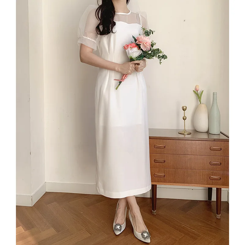 Elegant O-คอชุดแต่งงานที่เรียบง่ายแขนสั้นชุดเจ้าสาวชายาวชุดราตรีอย่างเป็นทางการสําหรับผู้หญิงที่กําหนดเอง