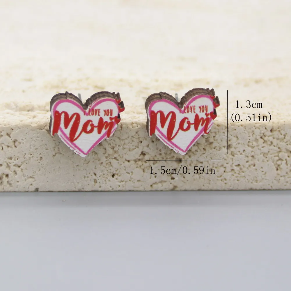 2 pairs Cute Wodden Mother Day Gift 2025 Love Mom MAMA Heart Stud Earrings  for Women