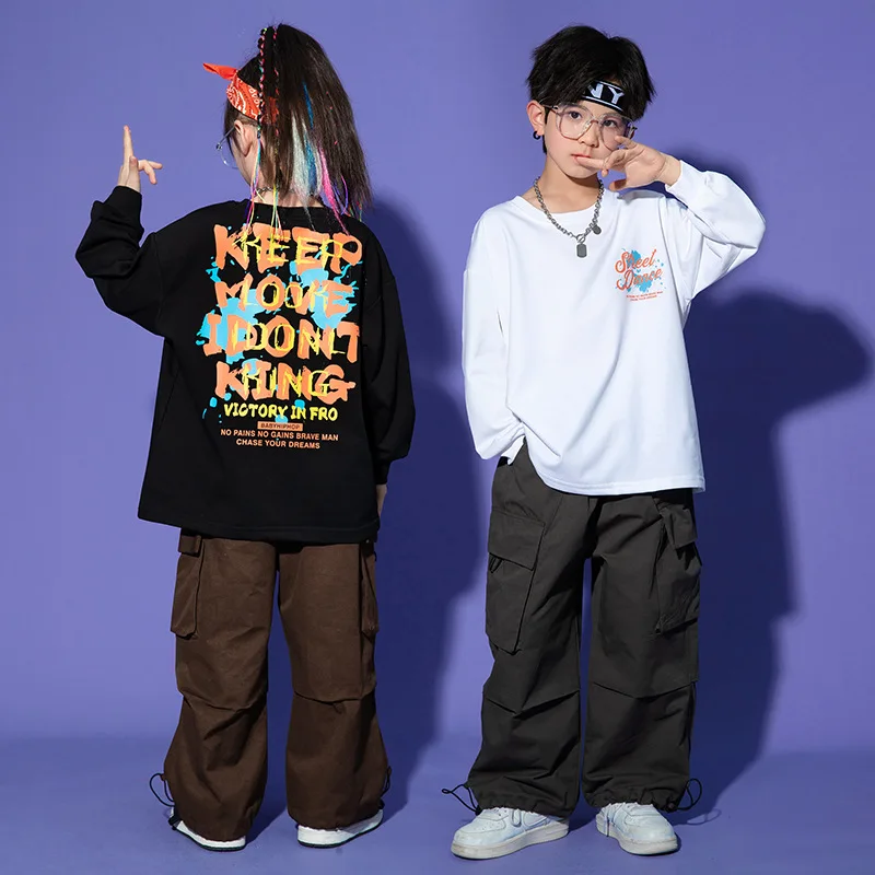 Kid Hip Hop Clothing White Black Sweatshirt Top Casual Wide Flap Pockets Cargo Pants for Girls Boys Jazz Dance Costume Clothes