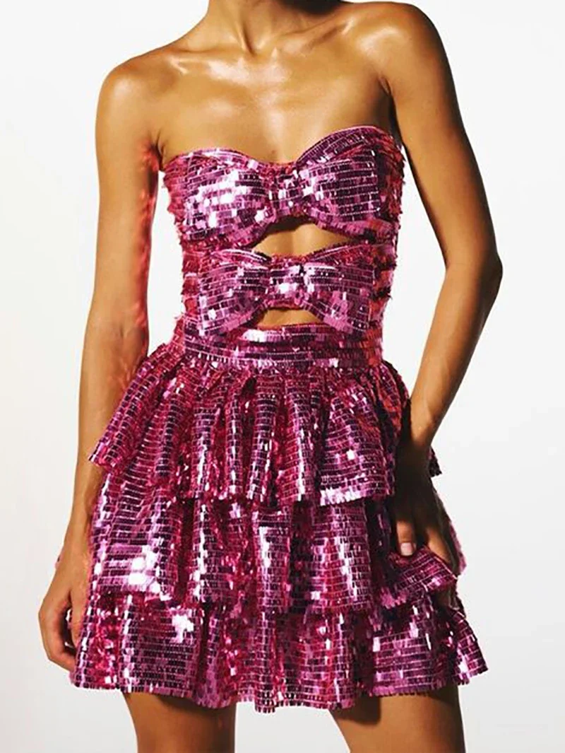 Women Adult Performance Dance Party Dress Sleevelss Hollowed Out Pleated Dress with Pink Bow Square Sequin Strapless Skirt