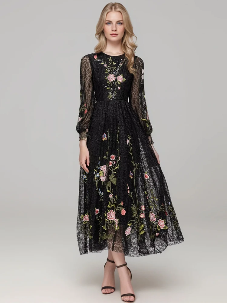 

SEQINYY Elegant Black Dress Summer Spring New Fashion Design Women Runway Lace Embroidery Flower Sequined Midi Party High Street