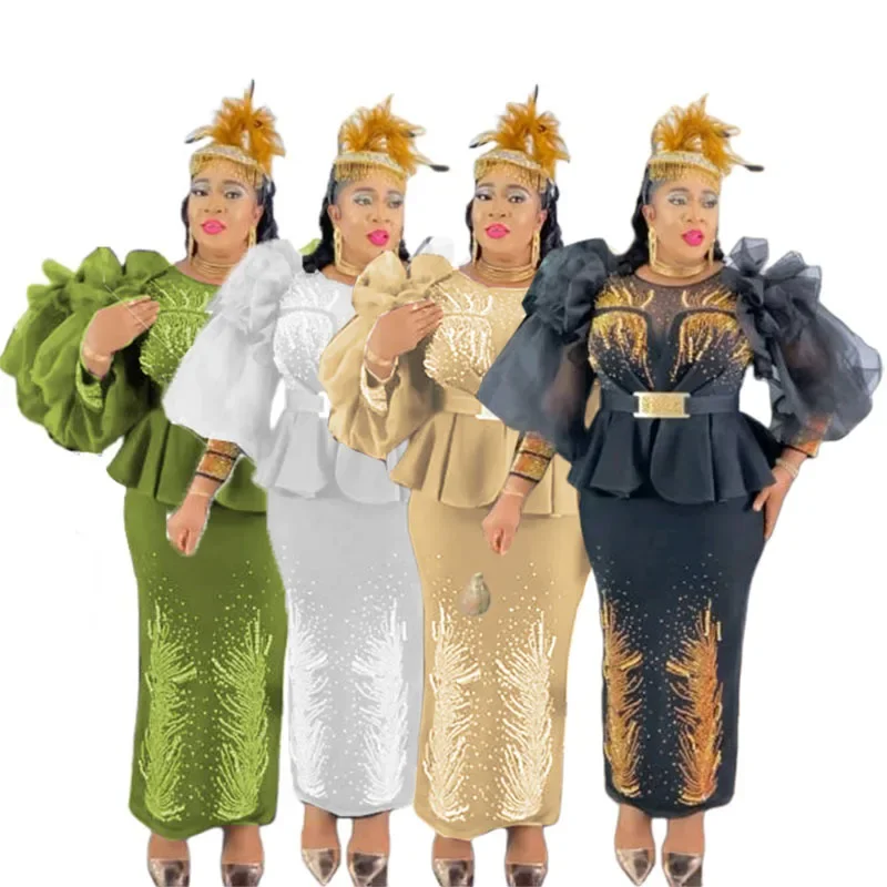 Afrikanische Party Abendkleider für Frauen Elegante Herbst Afrika Langarm Diamant Hochzeit Weihnachten Kleid Outfits Plus Größe