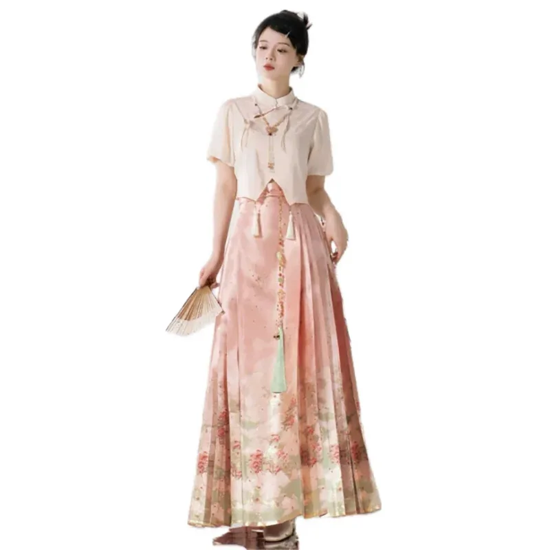 

Large Size 4XL Hanfu Horse Face Skirt Women Summer Short Sleeve Shirt+Skirt Hanfu Sets Chinese Hanfu Horse Face Skirt 2pcs Sets