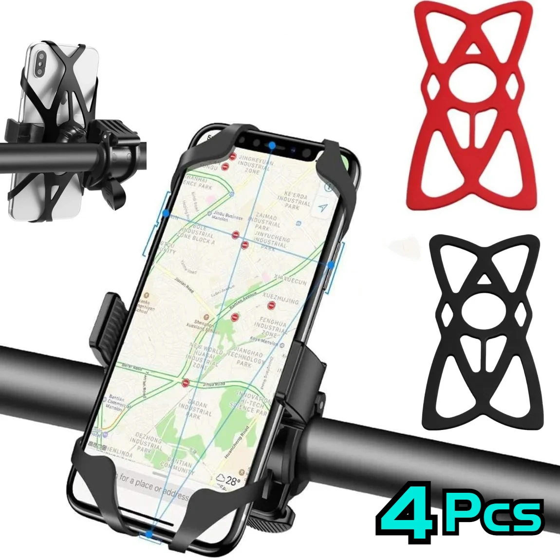 

4Pcs Bike Phone Holder Silicone Elastic Strap X Web Grip for Bicycle Motorcycle Handlebar Phone Mount for 4-7" Moible Phone