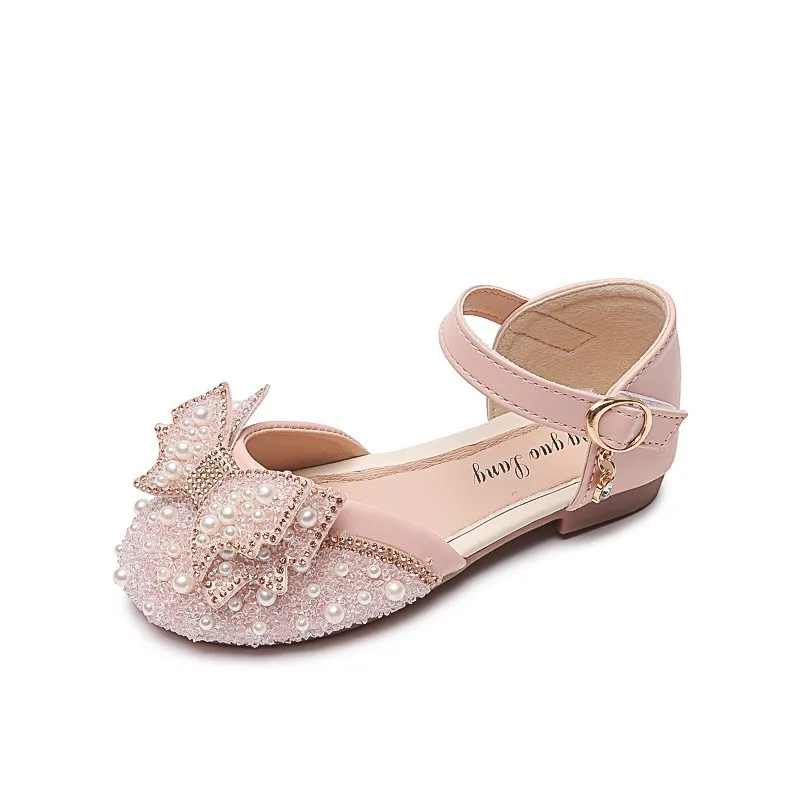 New Girls\' Solid Bow Glittering Pearl Princess Shoes Children\'s Fashion Shallow Mouth Soft Sole Leather Shoes