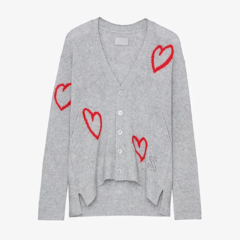 Zadig Maglioni in cashmere Donna Cardigan invernale allentato Maglione Donna Nuova moda Grigio Rosso Amore Jacquard Casual Maglione con scollo a V Top