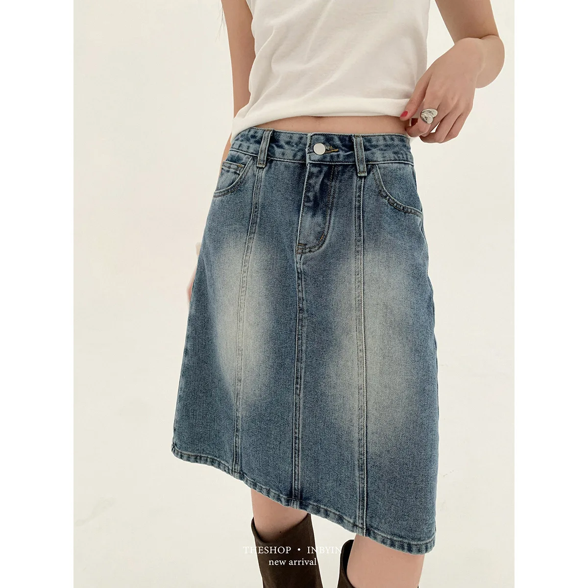 

Vintage High Waist Denim Short Women Slimming A-line Half Skirt Petite