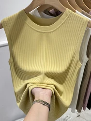 Korea Knitted Vests Women Top V-neck Solid Tank Blusas Mujer De Moda 2024 Summer New Fashion Female Sleeveless Casual Thin Tops