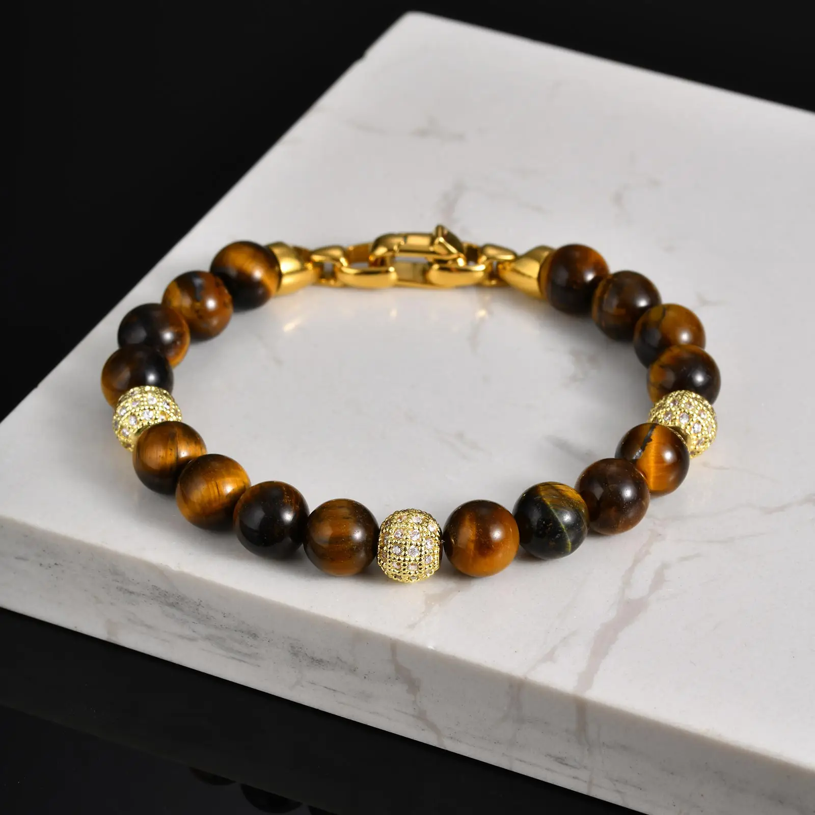 

High Quality Tiger Eye Agate Natural Stone Bead Bracelet for Men,Classic Stainless Steel Zircon Bracelet,Fashion Vintage Jewelry