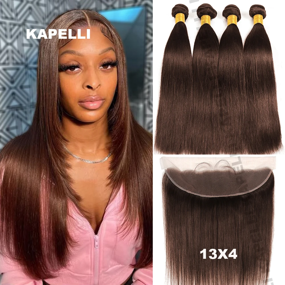 Chocolate Brown Bundles Silk Straight Human Hair Bundles with 4x4 Closure Brazilian Transparent Lace Frontal Hair Bundles Remy