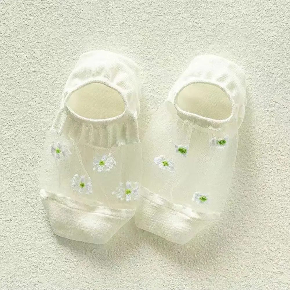 10Pairs Hosiery Floral Glass Silk Boat Socks Thin Breathable Flower Invisible Socks Sweet Glass Silk Mesh Short Sock Girl