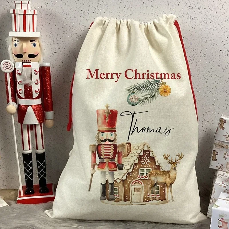 

Custom Personalized Name Santa Sack Christmas Nutcracker Stocking Merry Xmas Eve Holiday Decoration Kids Gift Present Toy Bag