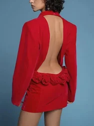 Sexy Deep V Neck Long Sleeve Blazers Dress Women Red Backless 3D Flower High Waist Slim Dresses Evning Party Runway Gowns