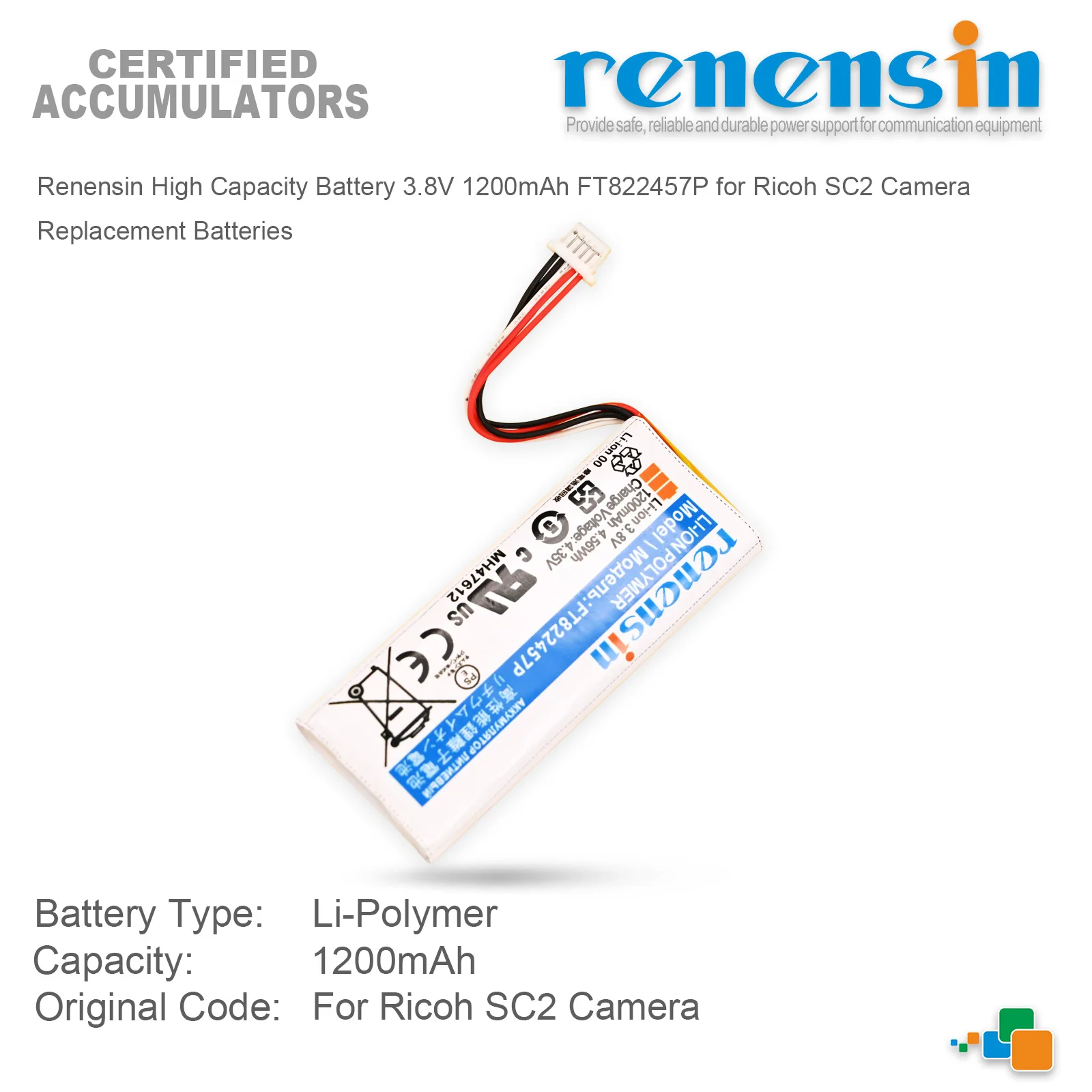 Renensin High Capacity Battery 3.8V 1200mAh FT822457P for Ricoh SC2 Camera  Replacement Batteries