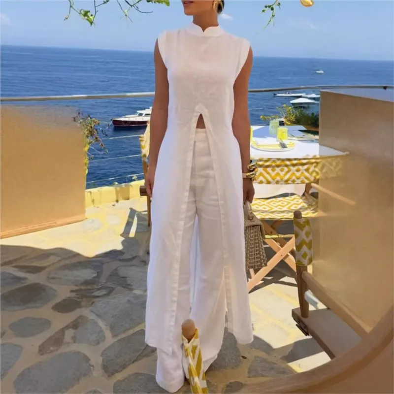 Summer New Versatile Casual Pants Set Sleeveless Solid Color Slit Loose Long Top+Wide Leg Pants Two-piece Set For Women Clothing