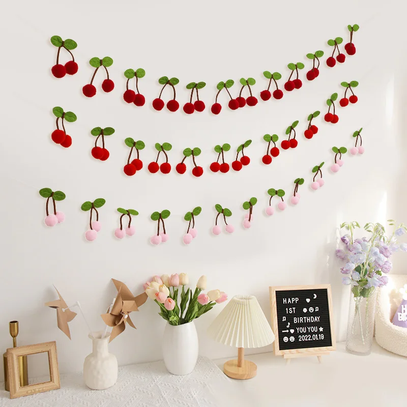 Cherry Garland Decoration Cherries Birthday Wedding Decoration Christmas Pompom Threading Banner Bedroom Wall Decoration Hanging
