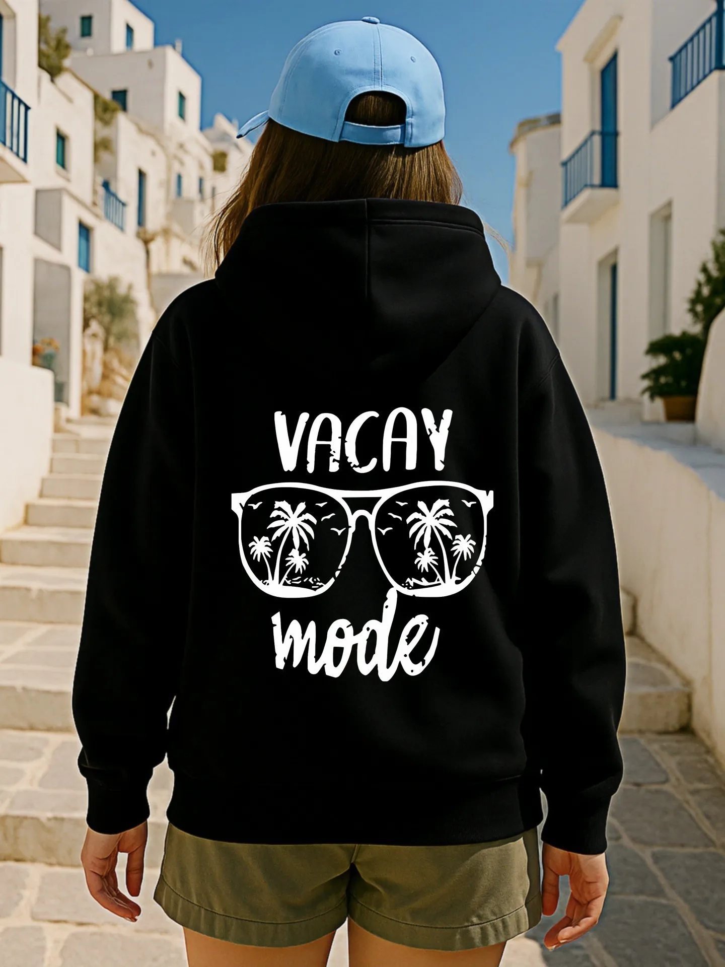 Sudadera con capucha gráfica para mujer, estampado de letras en modo de vacaciones, estilo estético informal, tela suave, traje de vacaciones