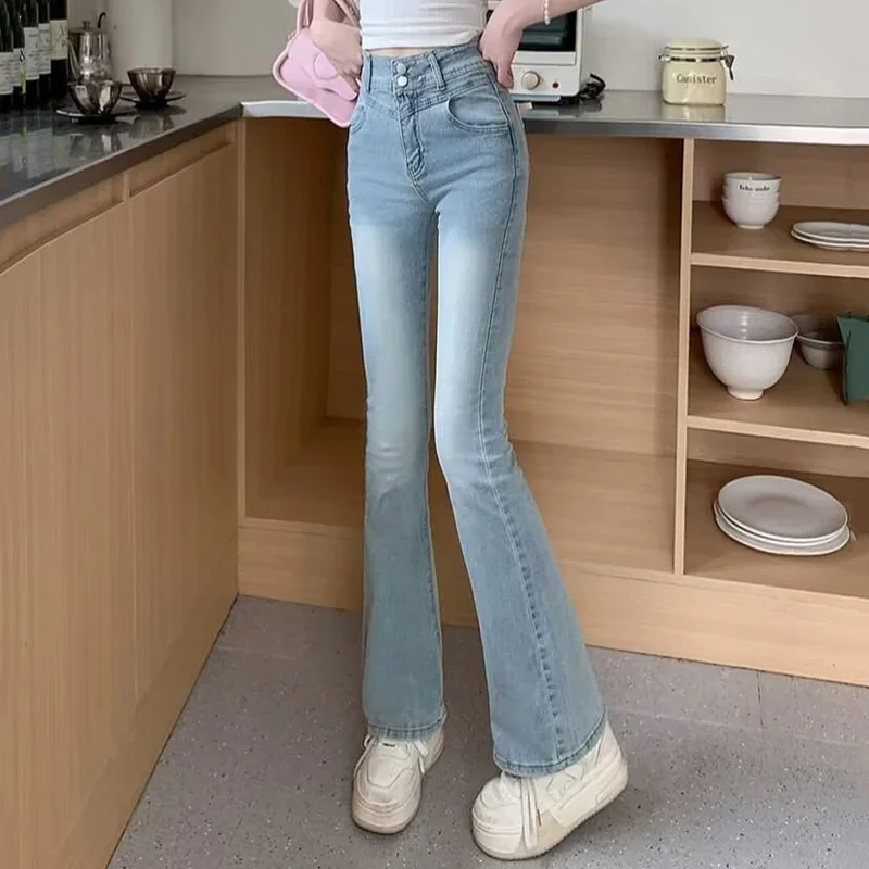 New Girls Sweet Lace Bowknots Decoration Blue Flare Jeans Lady Korean Stretch Bell Bottom Pants Female High Waist Denim Trousers