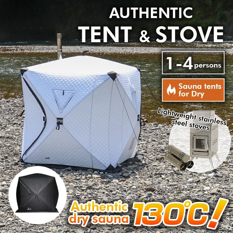 Quick to assemble winter sauna and camp tent outdoor with stove