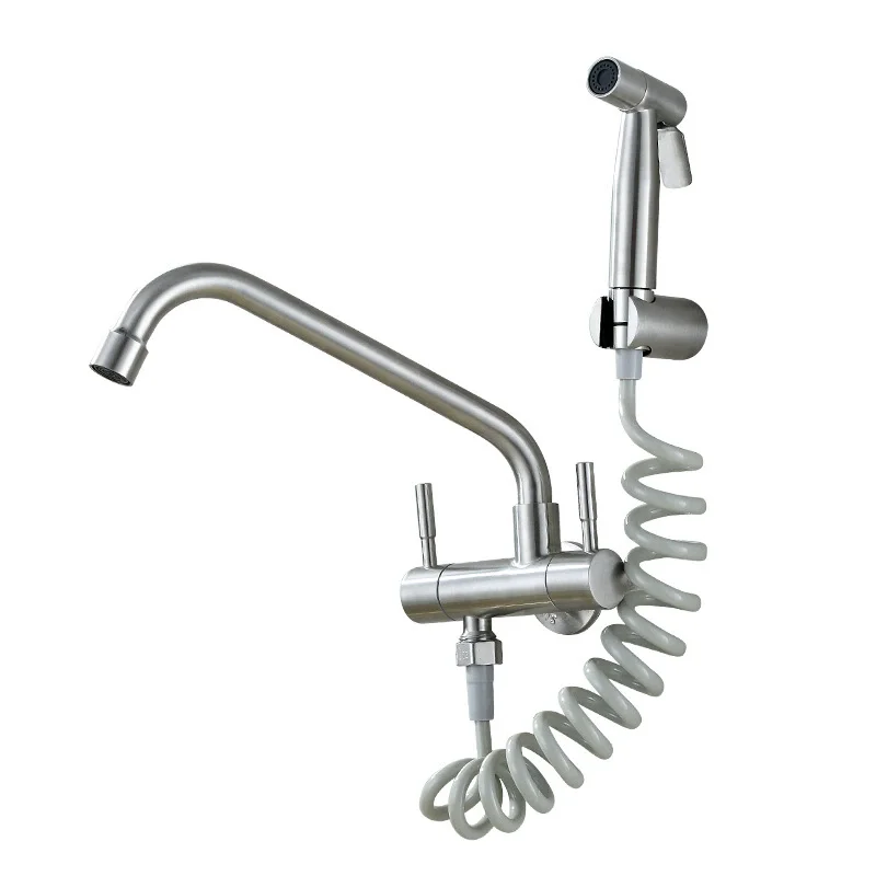 1Set Faucet Stainless Steel Wall Mounted Multifunctional Bathroom Kitchen Basin Faucet Cold Water Tap With Spray Gun