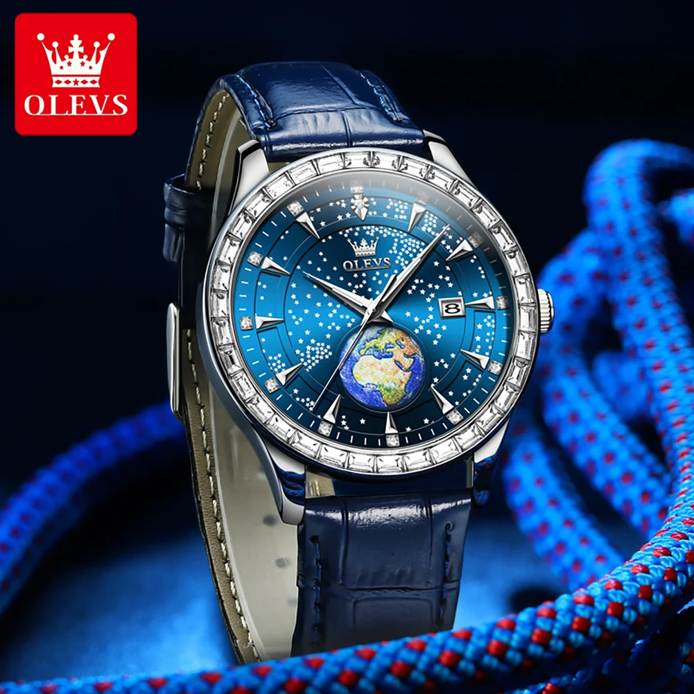 OLEVS Mens Watches Top Brand Luxury Blue Leather Waterproof Luminous Calendar Quartz Watch for Men Business Wristwatch Reloj