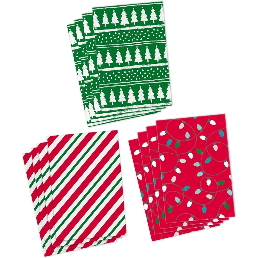 Mittlere Weihnachtsgeschenkboxen mit Deckel, 12 Hemdboxen, 3 Designs: Lichterbäume, rote und grüne Streifen für den Weihnachtsfeiertag