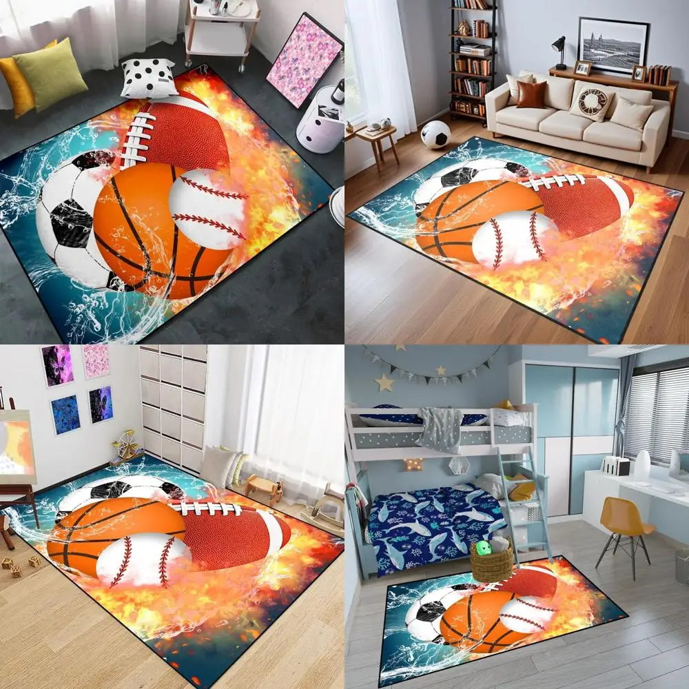 

Boys' 5x7' Sports Rug: Football, Basketball, Soccer, Baseball, Water & Fire Sports Bedroom Decor