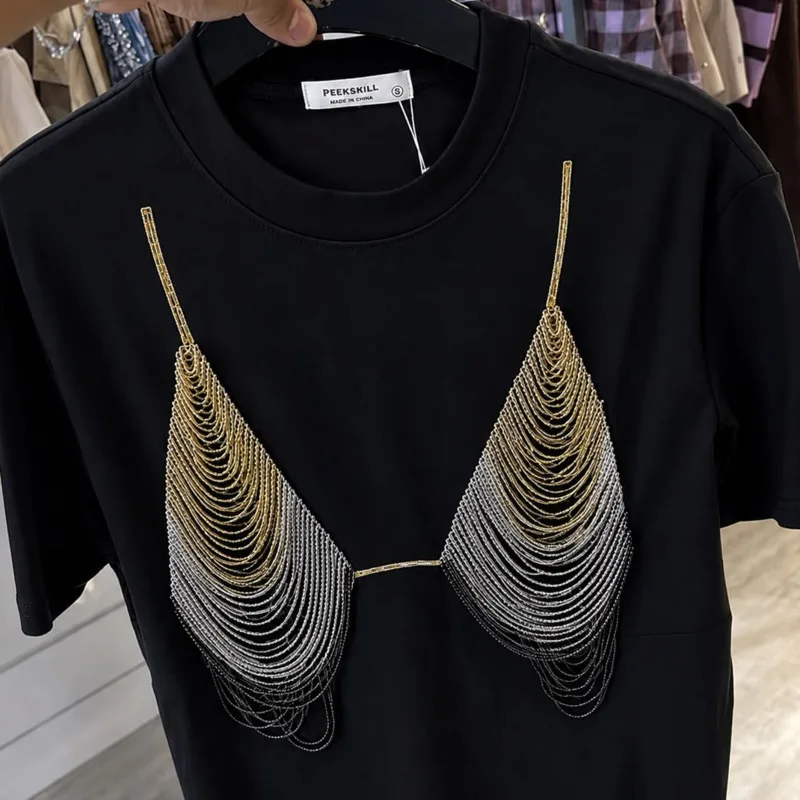 HKSH Women Short Sleeve T-shirt Chic Street Style Trendy Chains Spliced Design O-Neck Casual Versatile Loose Stylish Top HK27497