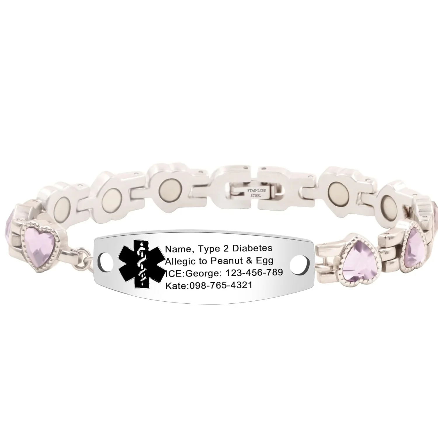 

Custom Engraved Medical ID Bracelet | Stainless Steel Heart Link with Cubic Zirconia | Emergency Medical Alert Accessory