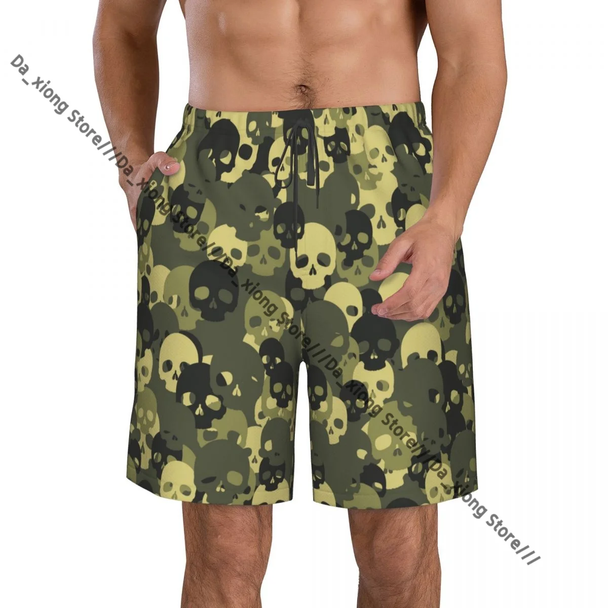 Men Beach Short Quick-drying Swimming Trunk Green Skull Camouflage Swimwear Swimsuit Bathing Shorts