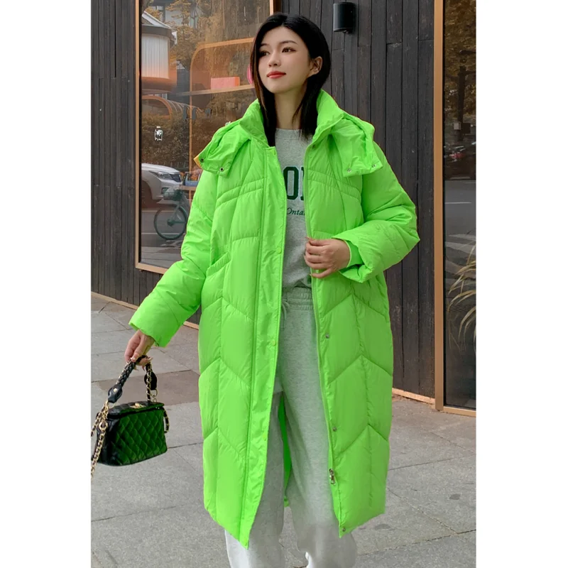 Women Black Medium Length Down Jacket White Hood Coat Fashion Windproof Thicken Duck Down Feather Female Solid Winter Outwear