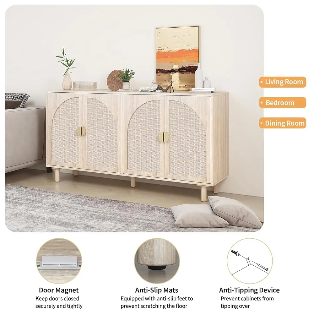 Beige Rattan 4-Door Buffet Cabinet - Boho Style Sideboard With Storage For Dining & Living Room