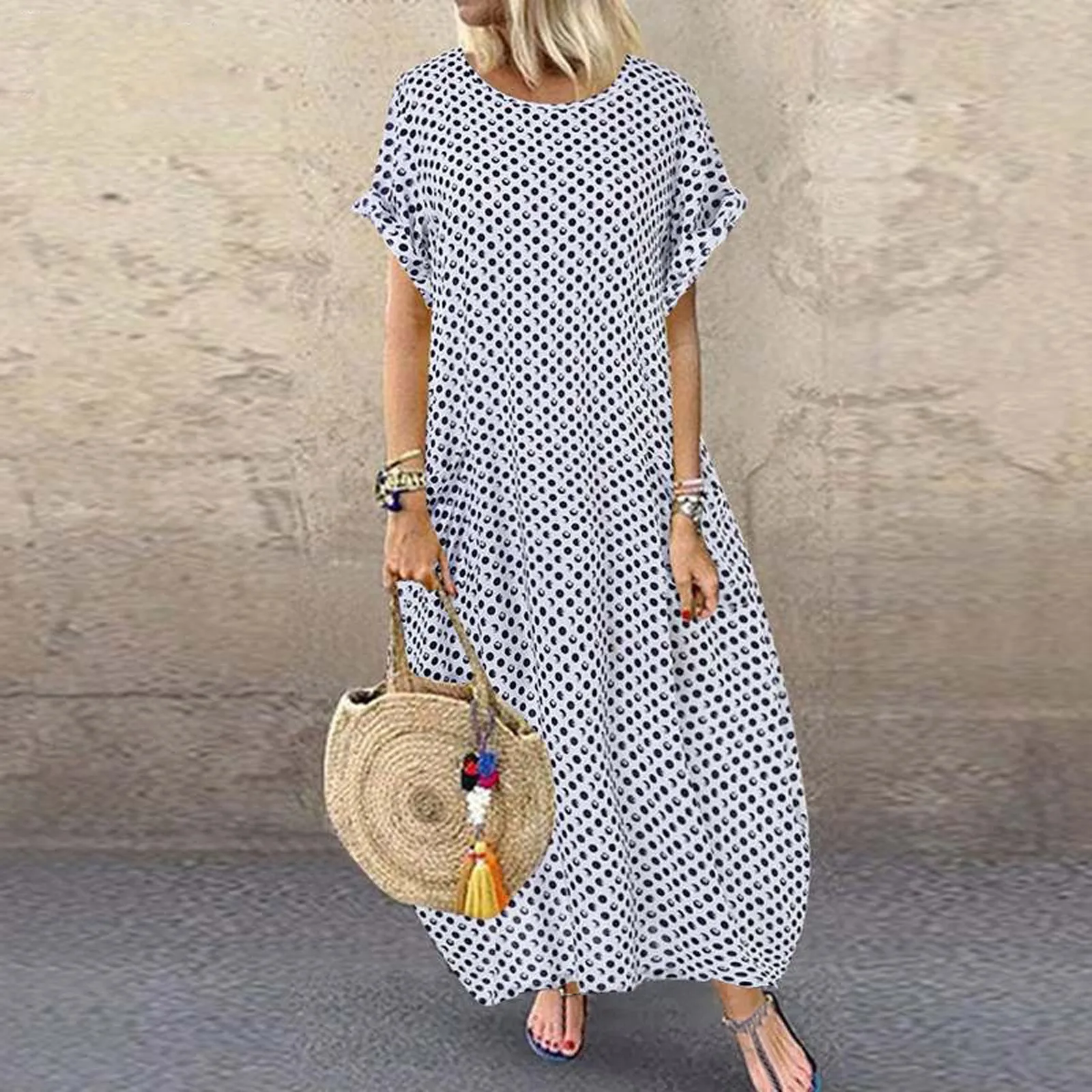 Summer Maxi Dress Women's Vintage Dot Printed Loose Sundress Casual Short Sleeve Beach Party Boho Long Dresses Robe Vestidos